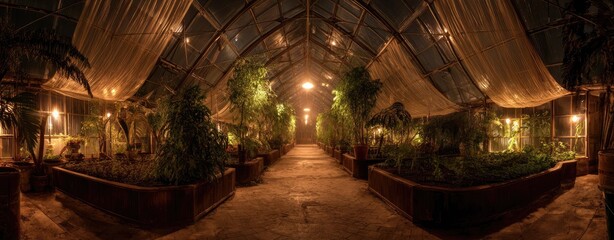 Obraz premium Nighttime greenhouse, lush plants, warm light