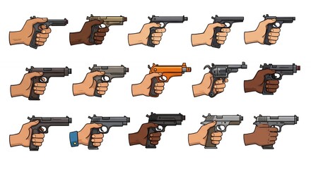 Various handguns held by different hands