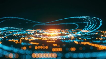 Abstract representation of digital data flow with glowing blue and orange lights swirling across a dark background symbolizing technology and innovation in a futuristic landscape - Powered by Adobe