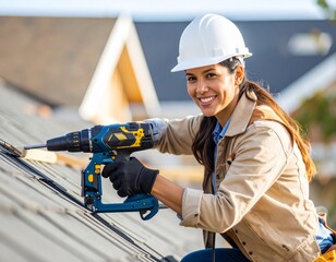Skilled female construction worker wearing a hard hat, smiling while installing new bitumen shingles on a roof with a pneumatic power tool.