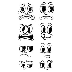 Cartoon expressive face emotions with exaggerated eyes and mouths in retro doodle style, Transparent Background