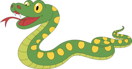 Naklejka premium Cute green cartoon snake, funny animal vector, jungle reptile clipart, smiling serpent illustration, children’s character design, flat artwork