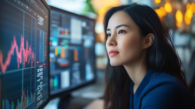 Focused businesswoman analyzing financial charts