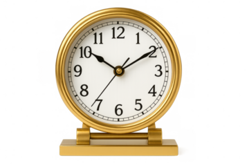 Golden vintage table clock showing precise time, transparent backdrop highlighting minimal design for productivity themes