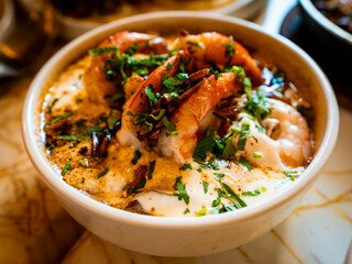 Bowl of creamy prawn stew. South Indian influence based on the rich sauce and ingredients.