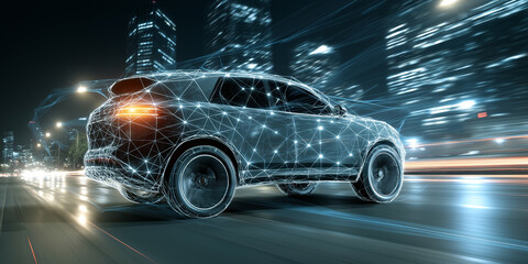 Futuristic autonomous vehicle is depicted driving through city at night, with digital lines and glowing lights illustrating its advanced technology and connection to global networks