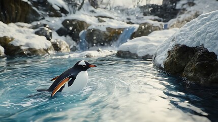 Penguin near snowy cliff swimming in clear stream high resolution picture