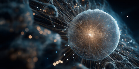 Glowing sphere surrounded by intricate, web like structures in cosmic setting, evoking sense of wonder and exploration. image suggests themes of interconnectedness and mysteries of universe
