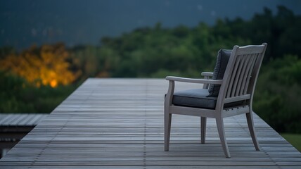 A solitary wooden chair with cushions sits on a long deck, overlooking a serene landscape at dusk.