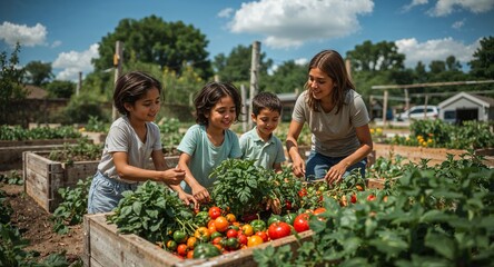 A woman and three children tending to a raised garden bed filled with ripe tomatoes on a sunny day outdoors