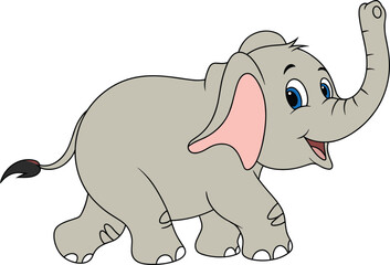 Cute cartoon baby elephant walking, smiling elephant vector illustration, jungle animal design for kids, happy wildlife character with trunk raised