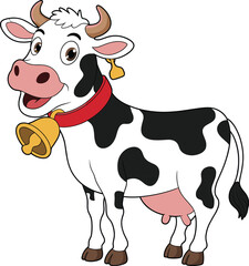 Cute cartoon dairy cow with bell, farm animal vector, black and white cow illustration, smiling livestock character, children’s drawing