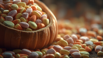 Carved Halloween pumpkin overflowing with candy in orange, yellow, various colors representing trick-or-treating