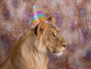Lioness wearing a colorful party hat in a festive setting