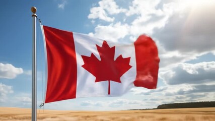 Majestic Canadian Flag Waving Proudly in a Golden Wheat Field Under Blue Sky