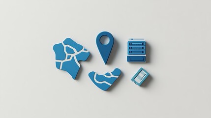 Overhead shot of blue map pieces, location pin, server, and chip on a white surface
