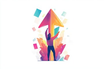 Vibrant Illustration of Person Holding Up Colorful Arrow Symbolizing Growth