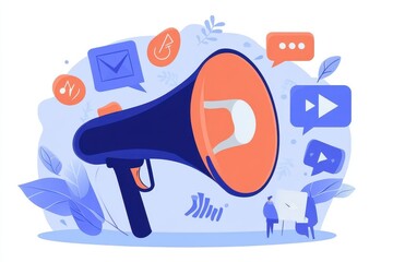Vibrant Megaphone with Communication Icons and Abstract Background