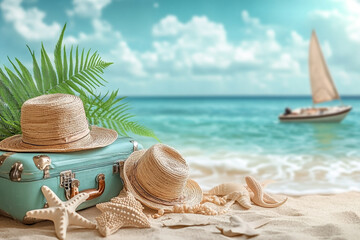 Summer travel accessories, with boat, suitcase, beach chair, island 