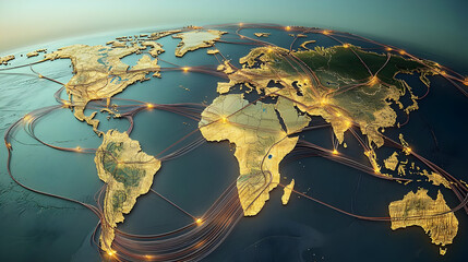 Global network of interconnected connections.  Detailed world map with numerous illuminated pathways signifying global communication and trade routes