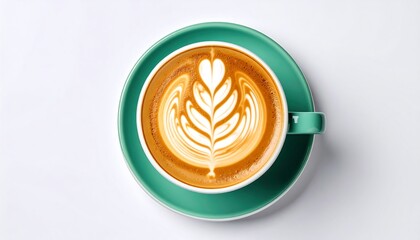 Obraz premium Aromatic morning coffee with rosetta latte art. Top-down view of a cappuccino in a stylish teal cup on a white surface.