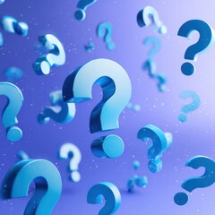 Elegant photo of multiple question marks floating on a gradient blue background, symbolizing curiosity, inquiry, and problem-solving.