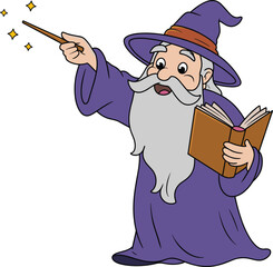Old wizard casting magic spell with wand and book, fantasy character illustration, cartoon magician, flat vector drawing, mystical artwork