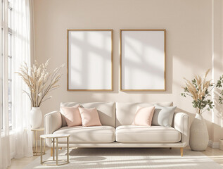 Photo of beige sofa with pink pillows and two blank picture frames