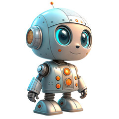 Adorable cartoon robot character with big blue eyes and metallic body isolated on transparent background