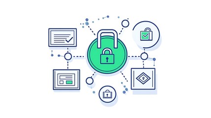 A graphic illustration of a padlock surrounded by various security icons on white