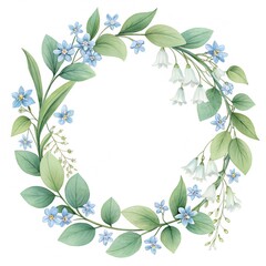 Fototapeta premium Delicate watercolor wreath featuring light blue forget-me-nots and graceful white bellflowers intertwined with lush green leaves, perfect for elegant spring or summer designs.