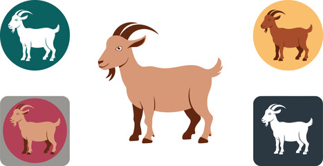 Fototapeta premium Illustration featuring a central goat figure with four goat icons in different colors around it