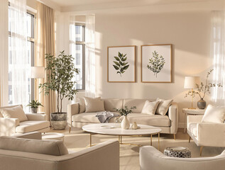 Photo of elegant living room with neutral tones and botanical art