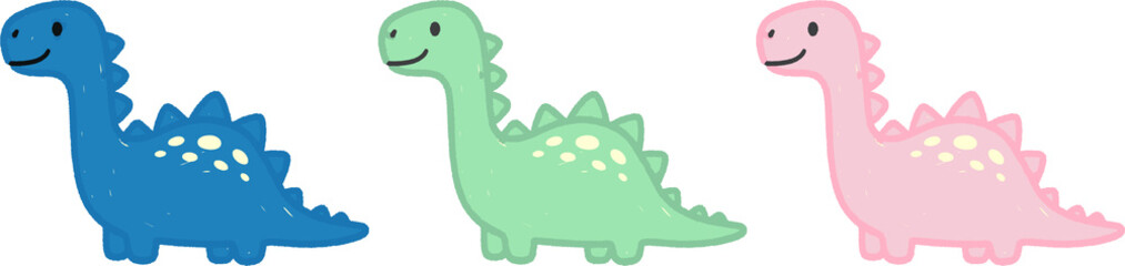 Adorable baby dinosaur stickers set collection, various colors, isolated cartoon prehistoric animal illustration, cute design elements.