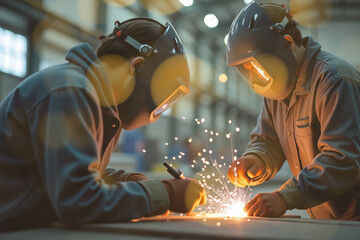 rofessional industrial workers are performing welding operations in a factory.