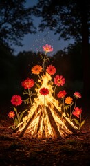 A glowing campfire burns in the shape of blooming flowers, radiating vibrant colors and warmth in a magical forest clearing at night