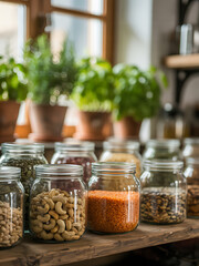 Assortment of dried goods and legumes in glass jars on a wooden shelf with potted plants in the background