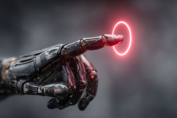 Robot hand touching a virtual screen with a neon red hologram circle icon with its finger on grey background. Concept of futuristic digital technology, robot technology, cyberspace, metaverse.