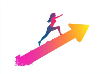 Woman Running Upward on Growth Arrow Symbolizing Success and Progress