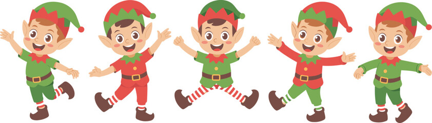 Cute Christmas elves in festive outfits dancing happily, holiday illustration, cartoon character, winter celebration, kids design, vector art
