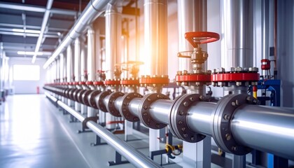 Large industrial area multiple pipes valves are arranged district heating.