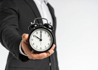 Businessman hand holding black vintage alarm clock