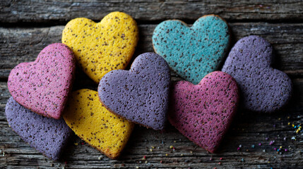 Obraz premium Close up of colorful heart shaped cookies on a rustic wooden surface with sprinkles