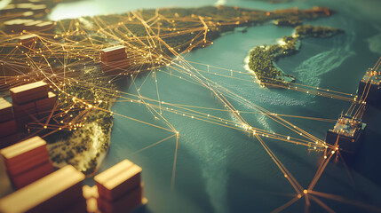 Global network of transportation and trade routes, with interconnected cities and shipping lanes, and container ships.  A digital illustration of global commerce
