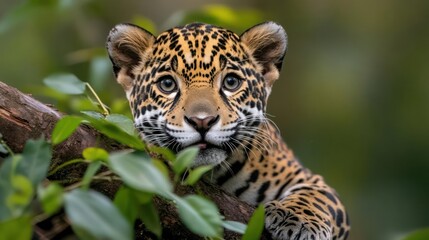 Obraz premium Adorable Jaguar Cub Peeking From Behind Foliage
