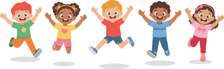 Diverse cartoon kids jumping in happiness, colorful vector illustration, joyful expressions, playful children, smiling faces, childhood fun, cheerful artwork