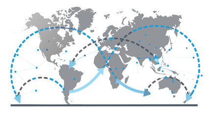Obraz premium World map with dotted lines and arrows indicating global connections and network distribution across continents