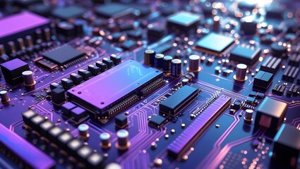 Obraz premium Circuit Board Close-Up: A detailed, up-close shot of a complex circuit board, highlighting its intricate pathways and components in a display of modern technological advancement.