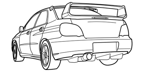 Outline drawing of a sport car, rear side view. Vector doodle illustration from is a sports sedan and rally car.