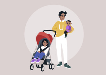 A nurturing parent holds a baby in one arm while managing a stroller with another child seated inside. They move through a vibrant city, radiating warmth and connection on a lovely day